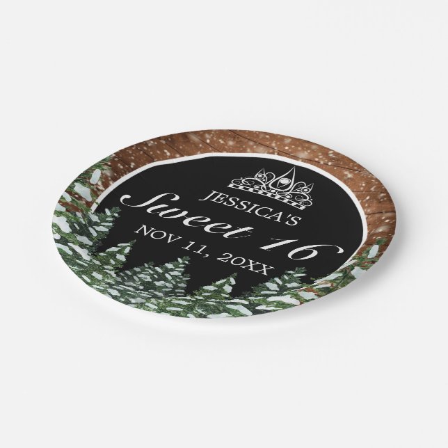 Black Snowy Wood & Forest Pine Tiara Sweet 16 Paper Plates (Angled)