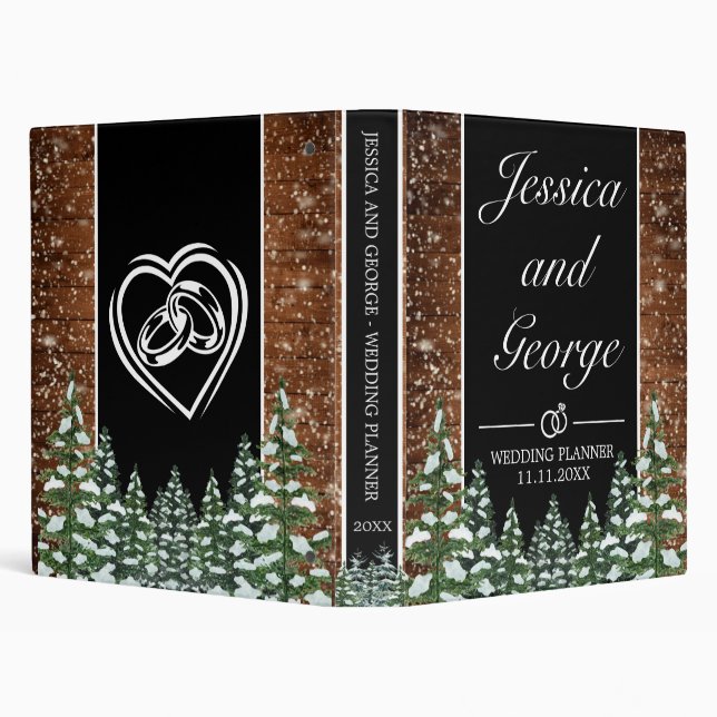 Black Snowy Wood & Forest Pine Wedding 3 Ring Binder (Background)