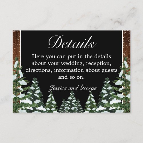 Black Snowy Wood  Forest Pine Wedding Details Enclosure Card