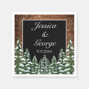 Black Snowy Wood & Forest Pine Wedding Napkins