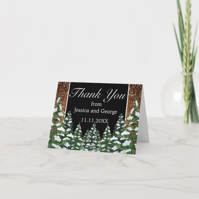 Black Snowy Wood & Forest Pine Wedding Thank You Card (Front)