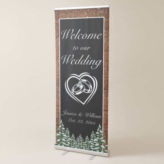 Black Snowy Wood & Forest Pine Wedding Welcome Retractable Banner (3/4)