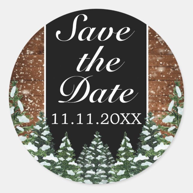 Black Snowy Wood & Forest Save the Date Wedding Classic Round Sticker (Front)