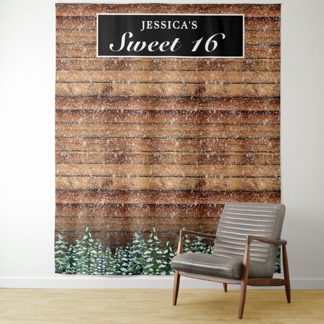 Black Snowy Wood Forest Sweet 16 Photo Background Tapestry (In Situ)