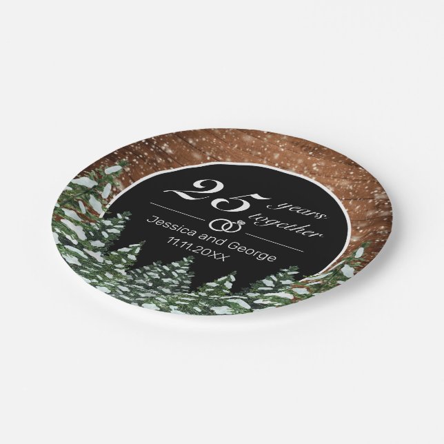 Black Snowy Wood & Forest Wedding Anniversary Paper Plates (Angled)