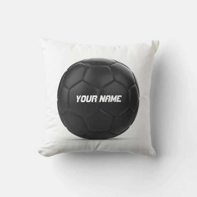 Black Soccer Ball Personalized Text Throw Pillow (Front)