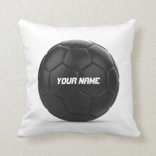 Black Soccer Ball Personalized Text Throw Pillow