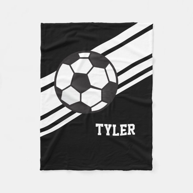 Black Soccer Ball Sports Personalized Name Fleece Blanket (Front)