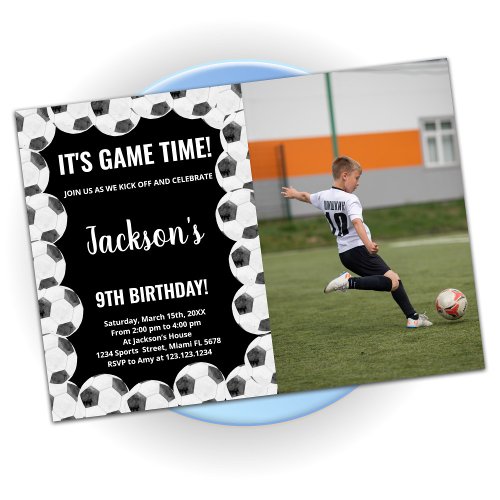 Black Soccer Birthday Invitations with Photo