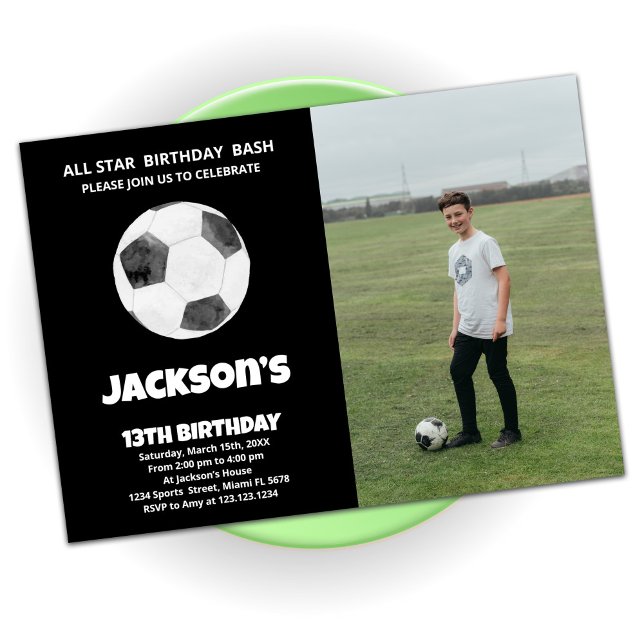 Black Soccer Birthday Invitations with photo (Creator Uploaded)