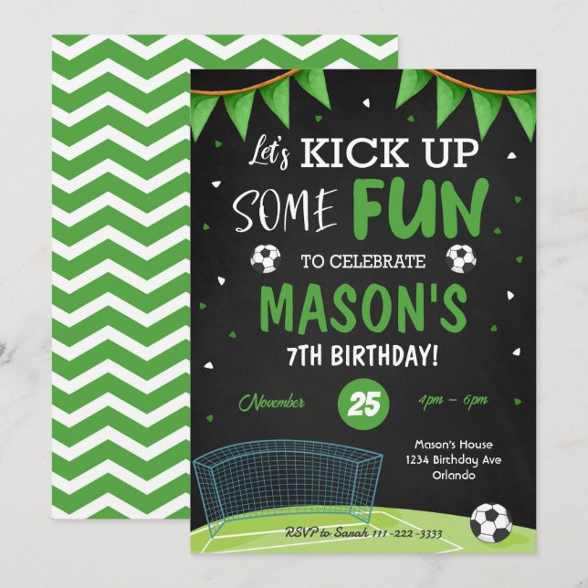 Black Soccer Birthday Party Invitation (Front/Back)