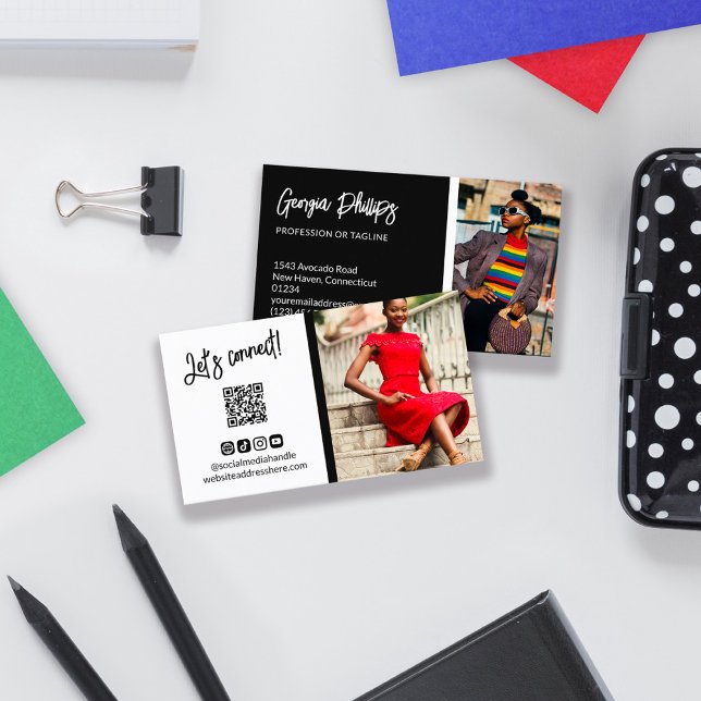 Black Social Media Icons QR Code Photo Business Card (Creator Uploaded)