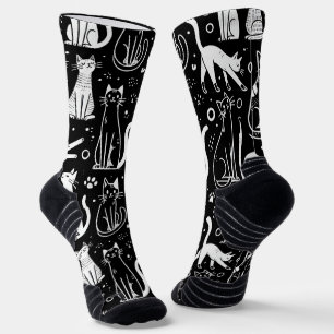 Black Socks with White Cat Pattern Chic 