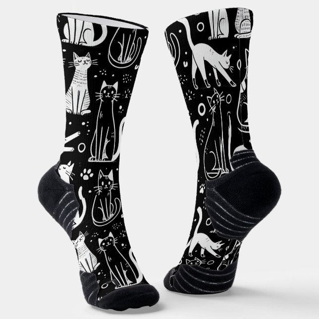 Black Socks with White Cat Pattern Chic  (Angled)