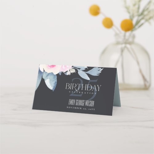 BLACK SOFT BLUSH BLUE FLORAL 25TH ANY AGE BIRTHDAY PLACE CARD