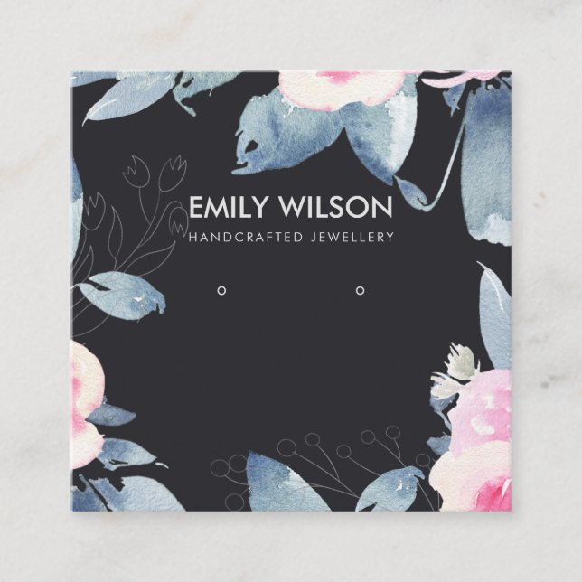 BLACK SOFT BLUSH BLUE FLORAL EARRING DISPLAY LOGO SQUARE BUSINESS CARD (Front)