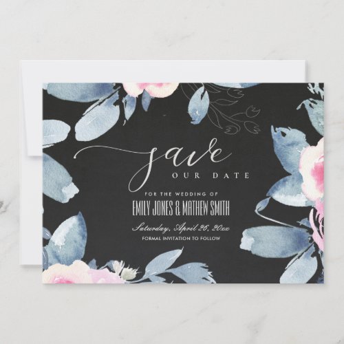 BLACK SOFT BLUSH BLUE FLORAL WATERCOLOR FRAME SAVE THE DATE