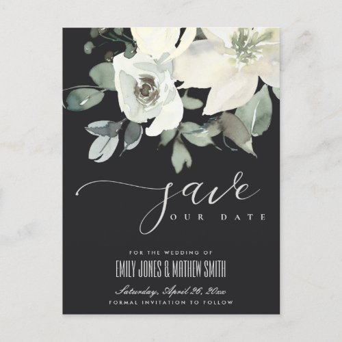 BLACK SOFT IVORY WHITE FLORAL BUNCH SAVE THE DATE ANNOUNCEMENT POSTCARD