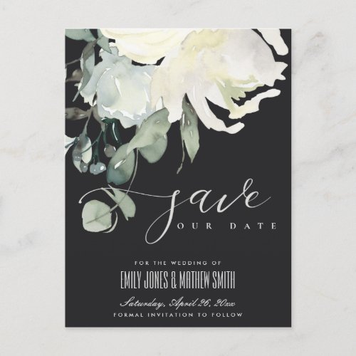BLACK SOFT IVORY WHITE FLORAL BUNCH SAVE THE DATE ANNOUNCEMENT POSTCARD