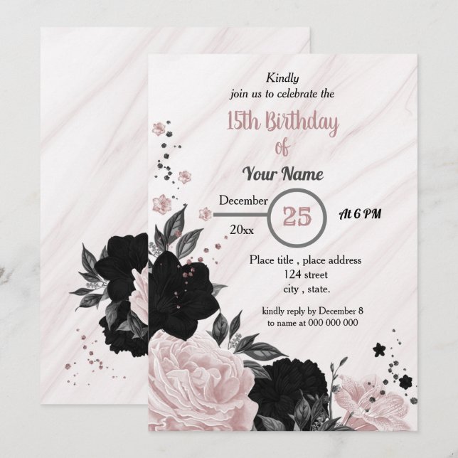 Black & soft pink floral birthday party invitation (Front/Back)