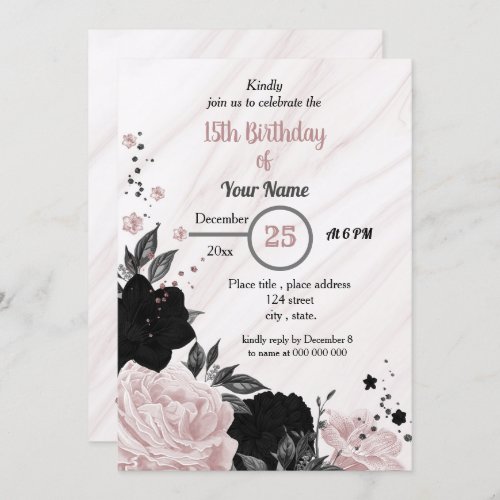 Black  soft pink floral birthday party invitation