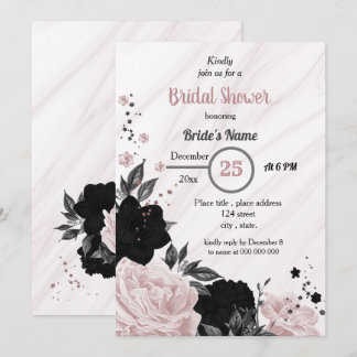 Black & soft pink floral bridal shower invitation