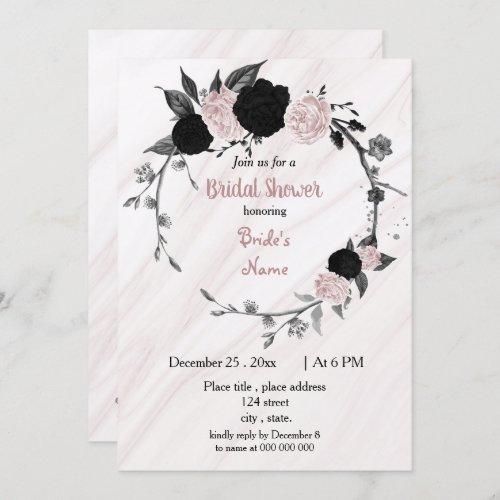 Black  soft pink floral wreath bridal shower invitation