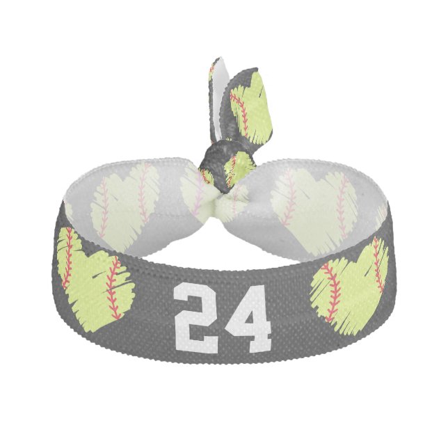 Black Softball Heart Jersey Number Elastic Hair Tie (Front)