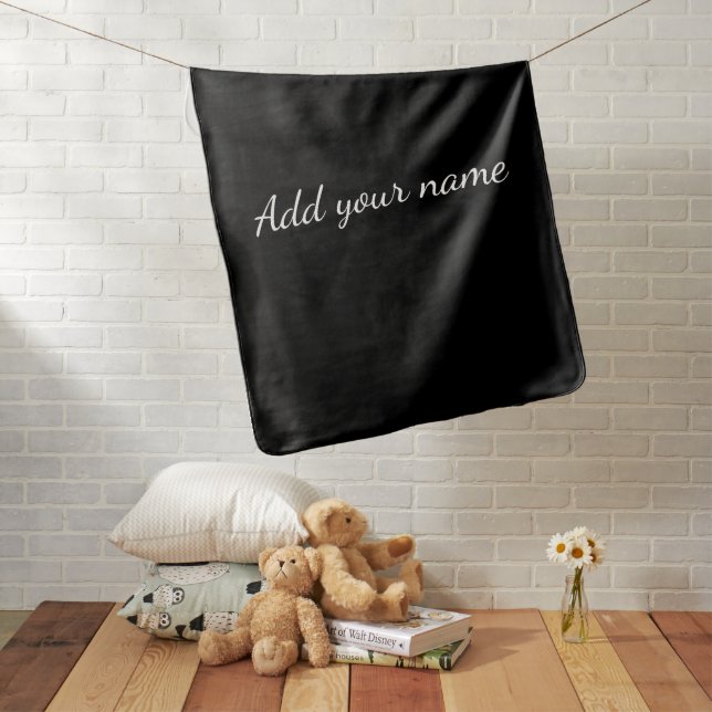 Black solid add name text message here throw pillo baby blanket (In Situ)