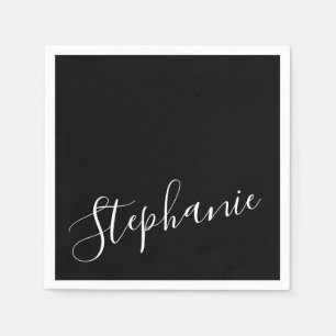 Black Solid Color Plain Personalized Name Text Napkins