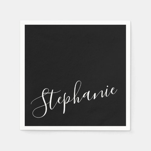 Black Solid Color Plain Personalized Name Text Napkins