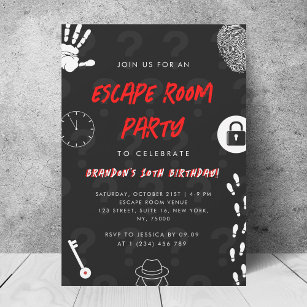 Black Solve the Mystery Escape Room Birthday Party Invitation