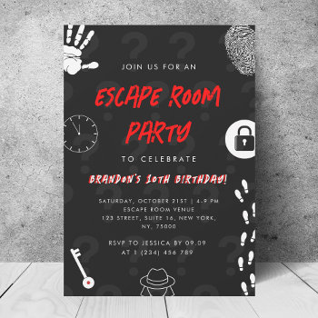 Black Solve The Mystery Escape Room Birthday Party Invitation by LovelyVibeZ at Zazzle