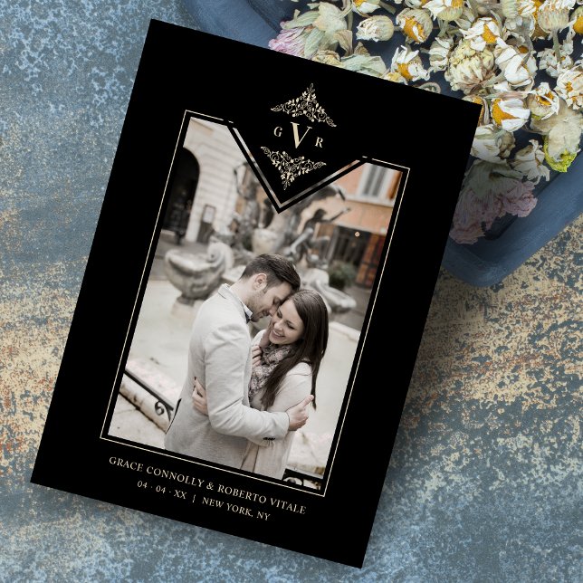 Black Sophisticate Flourish Chic Golden Initials Save The Date (Creator Uploaded)