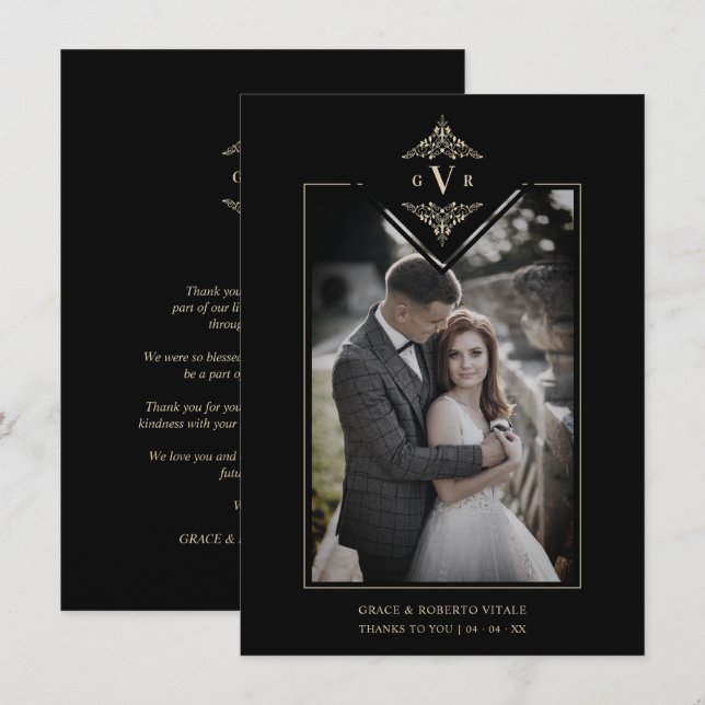 Black Sophisticate Flourish Chic Golden Initials Thank You Card (Front/Back)