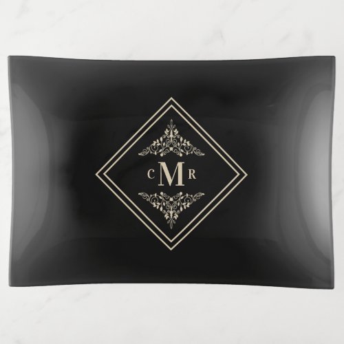 Black Sophisticate Flourish Chic Golden Initials Trinket Tray