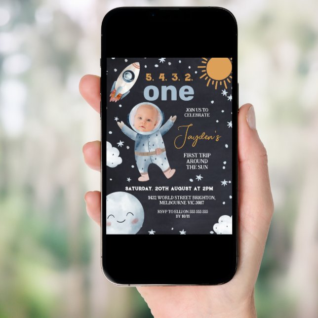 Black Space First Trip Around Sun 1st Birthday Invitation (Front Digital)