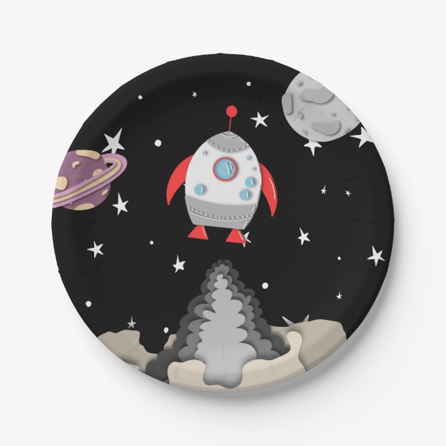 Black Space Space Ship Taking Off Planets Moon Paper Plates (Front)