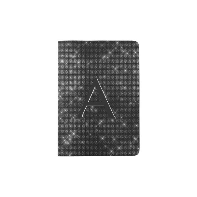 Black Sparkle Bling Girly Monogram Name Passport Holder (Front)