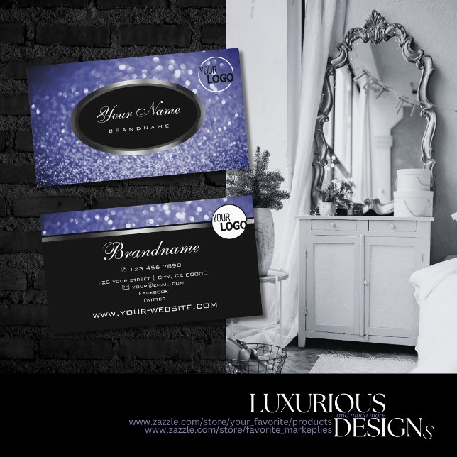Black Sparkle Blue Glitter Silver Oval Shape Logo Business Card (Creator Uploaded)