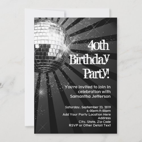 Black Sparkle Disco Ball 40th Birthday Party Invitation