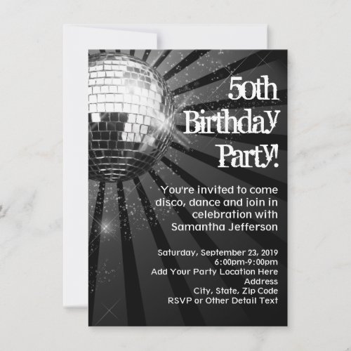 Black Sparkle Disco Ball 50th Birthday Party Invitation