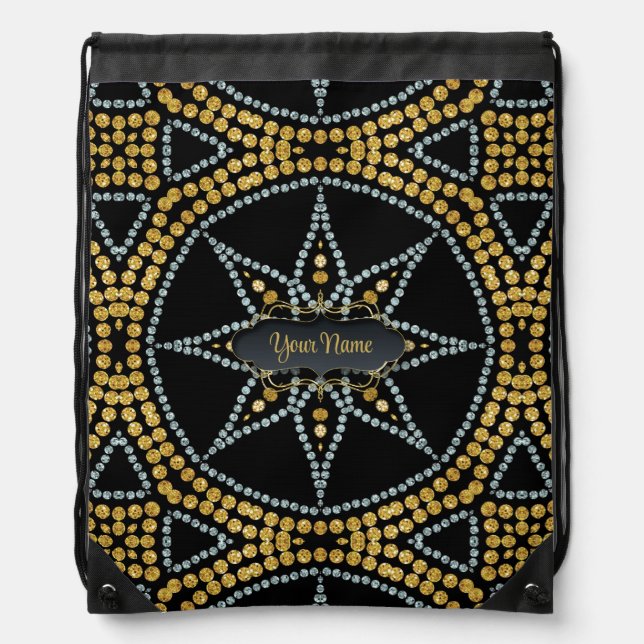 Black Sparkle Gold Glitter Custom Name Drawstring Bag (Front)
