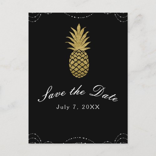 Black Sparkle Gold Pineapple Glam Save the Date Announcement Postcard
