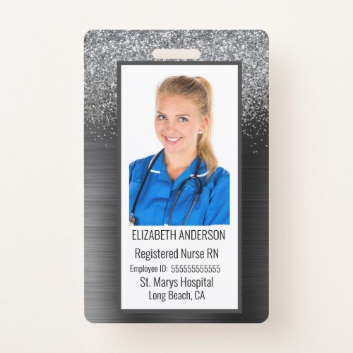 Black Sparkle Registered Nurse RN Hospital ID Badge