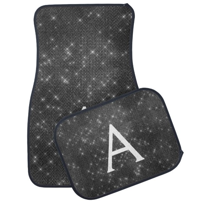 Black Sparkle Shimmer Monogram Name Initial Car Floor Mat (Set)