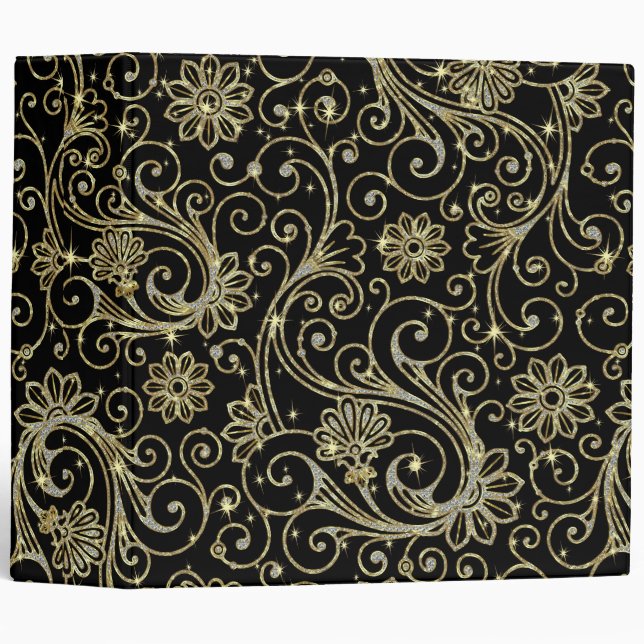 Black Sparkles Diamonds & Gold Floral Damasks 3 Ring Binder (Front/Spine)