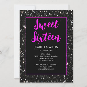 Black sparkles Sweet 16 neon pink elegant script Invitation