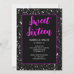 Black sparkles Sweet 16 neon pink elegant script Invitation