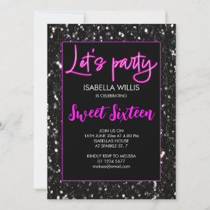 Black sparkles Sweet 16 neon pink lets party Invitation